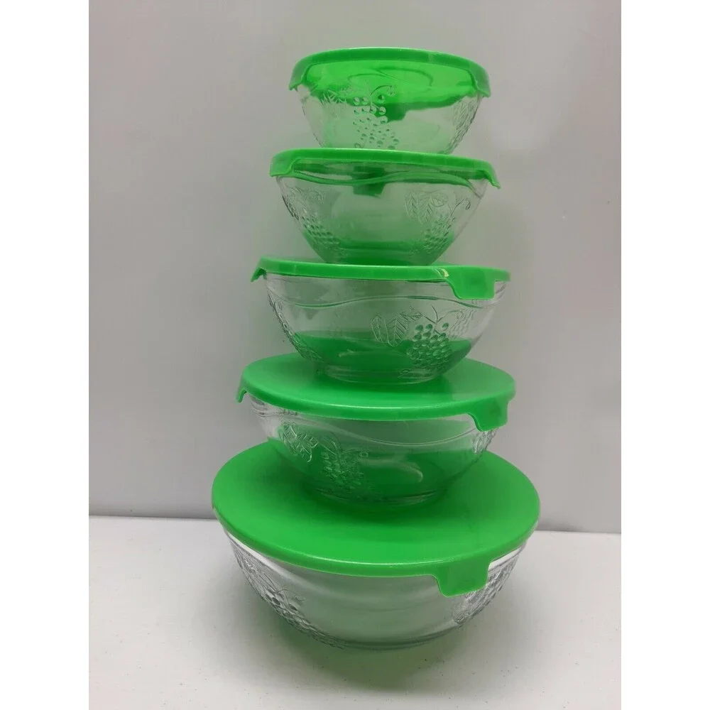 Set of 5 Clear Glass Nesting Bowls & Green Lids Grape Design